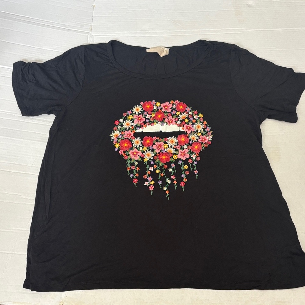 Savanna Jane Black Tee with Floral Lip Design